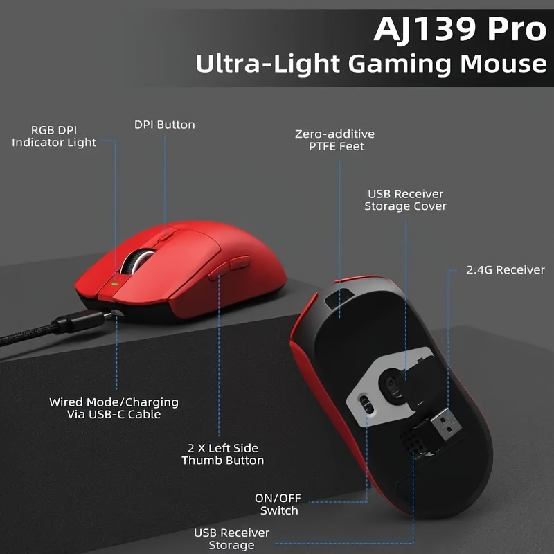 aj139 gaming mouse ultra lightweight 59g with dual mode type c wired 2 4ghz usb receiver up to 26000dpi 6 programmable button ergonomic for ps4 details 5