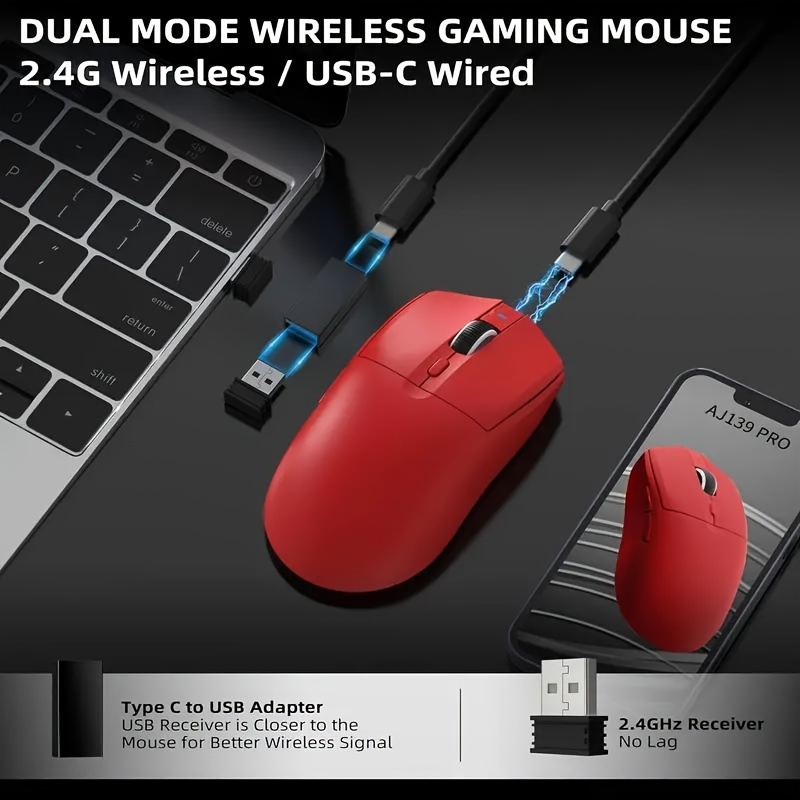 aj139 gaming mouse ultra lightweight 59g with dual mode type c wired 2 4ghz usb receiver up to 26000dpi 6 programmable button ergonomic for ps4 details 8